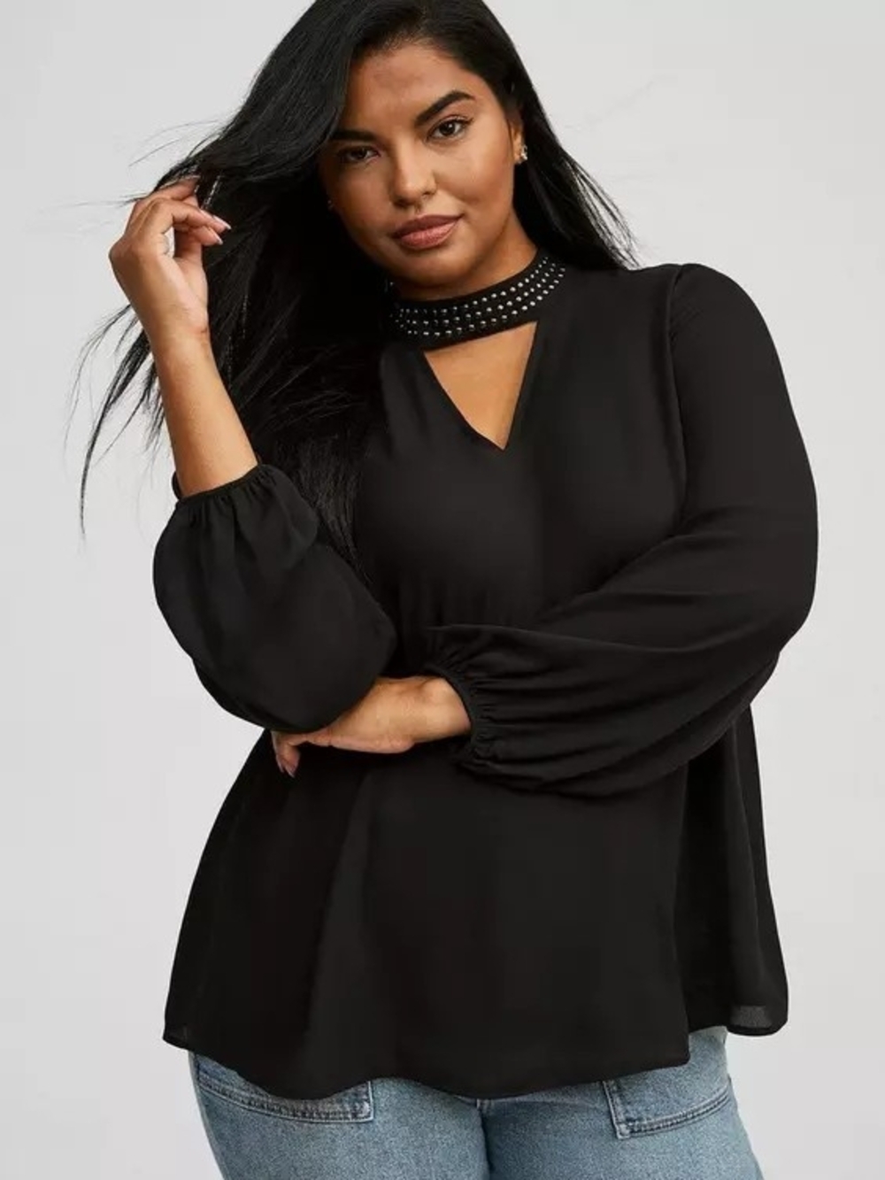 torrid Black Studded Mock Neck Keyhole Blouse